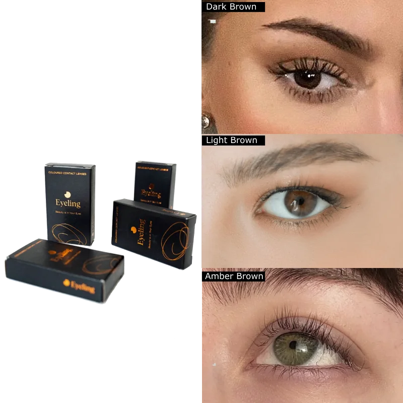 Bundle of Eyeling lenses. Eyeling Dark Brown, Eyeling Light Brown and Eyeling Amber Brown colored contact lenses without pupil hole.
