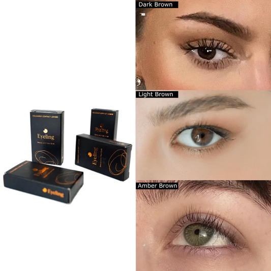 Bundle of Eyeling lenses. Eyeling Dark Brown, Eyeling Light Brown and Eyeling Amber Brown colored contact lenses without pupil hole.